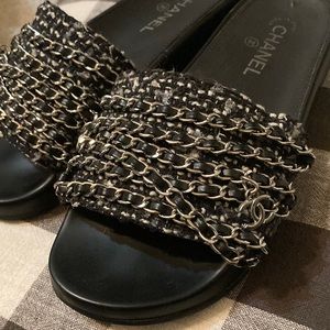 CHANEL Tweed Chain Slides Sz 7